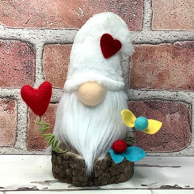 White Heart Gnome & Flora on Natural Wood Base