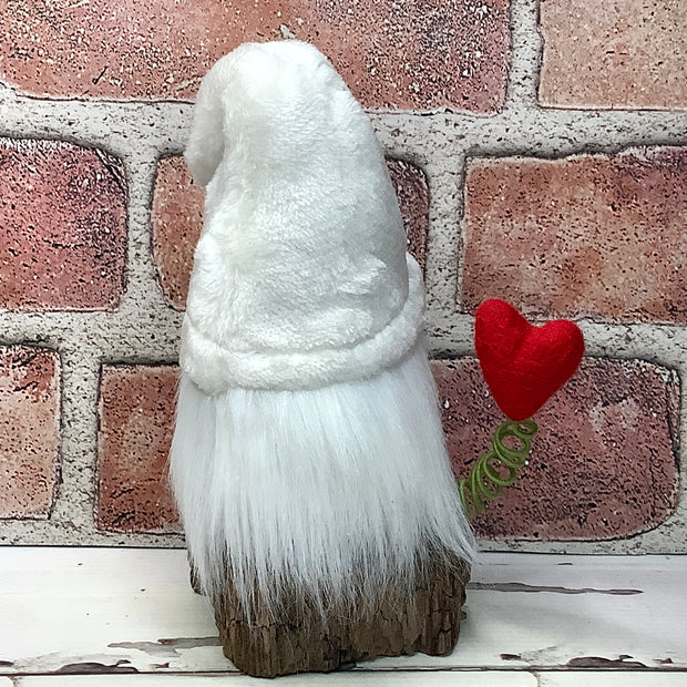 White Heart Gnome & Flora on Natural Wood Base