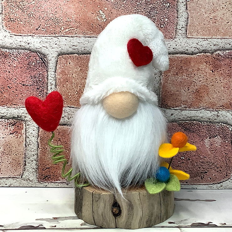 White Heart Gnome & Flora on Natural Wood Base