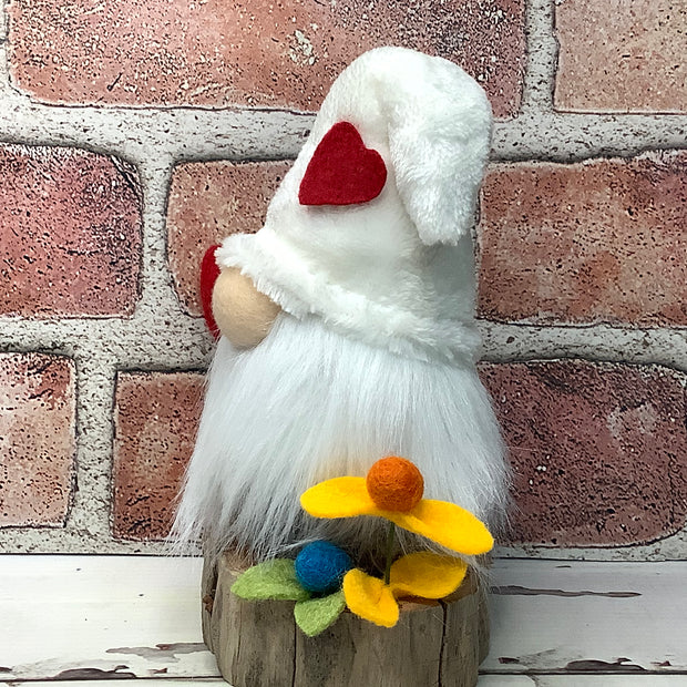 White Heart Gnome & Flora on Natural Wood Base