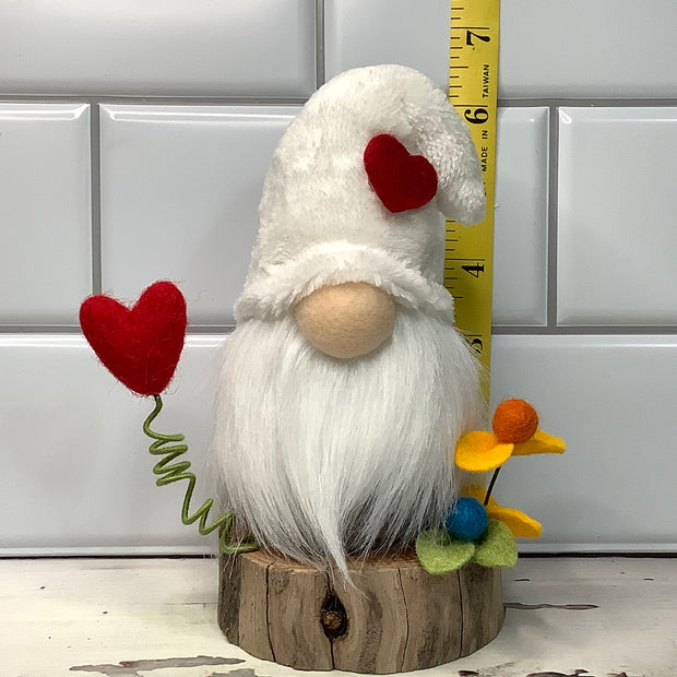 White Heart Gnome & Flora on Natural Wood Base