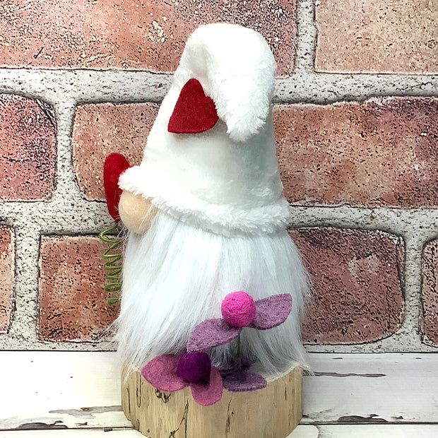 White Heart Gnome & Flora on Natural Wood Base