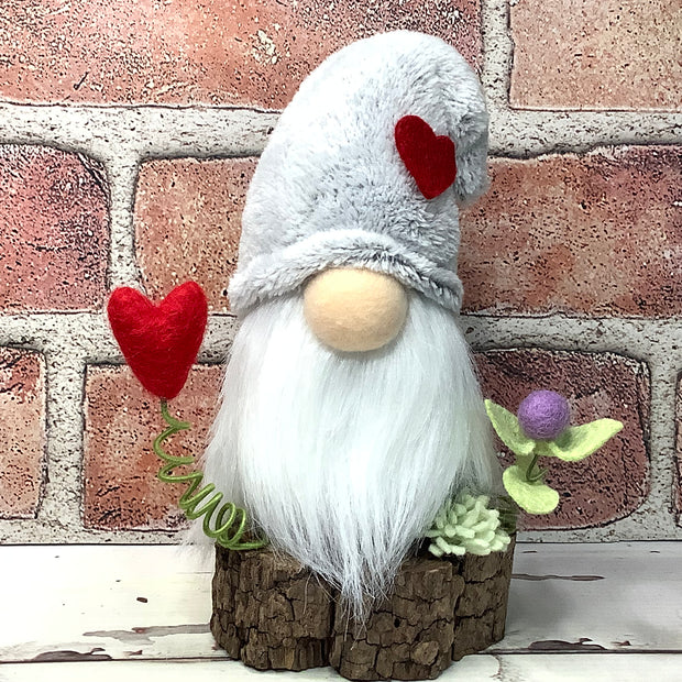 Grey Heart Gnome & Flora on Natural Wood Base