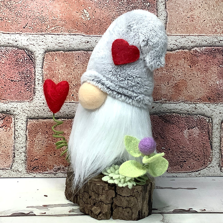 Grey Heart Gnome & Flora on Natural Wood Base