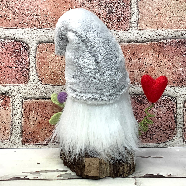 Grey Heart Gnome & Flora on Natural Wood Base