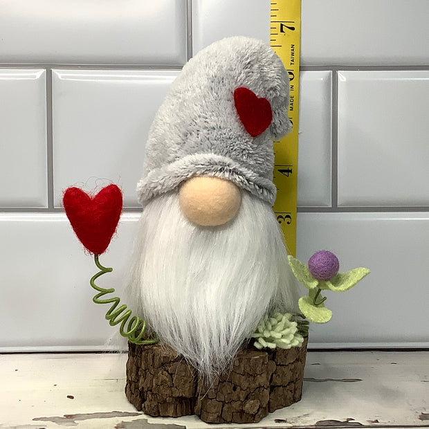 Grey Heart Gnome & Flora on Natural Wood Base