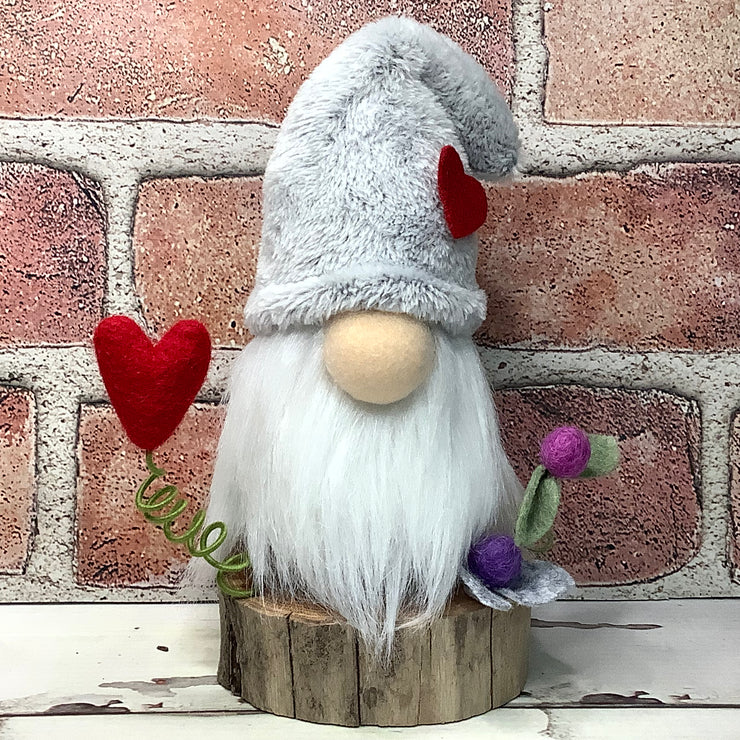 Grey Heart Gnome & Flora on Natural Wood Base