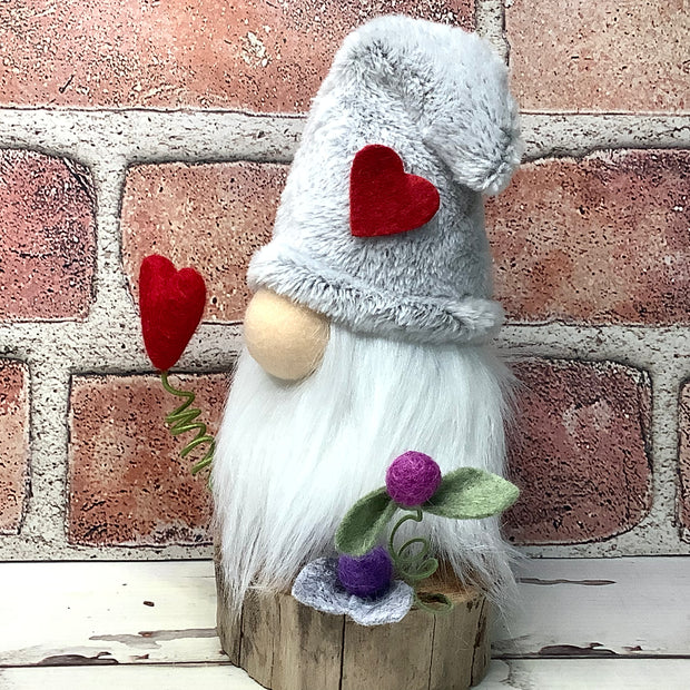 Grey Heart Gnome & Flora on Natural Wood Base