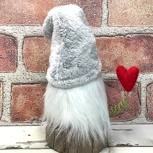 Grey Heart Gnome & Flora on Natural Wood Base