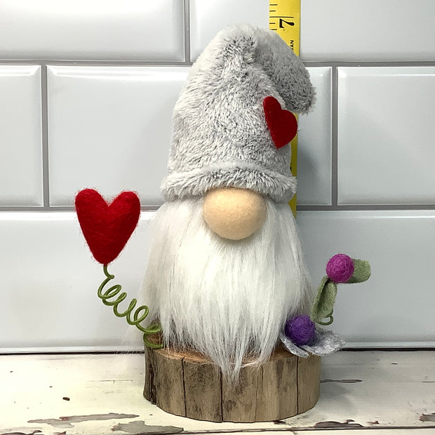 Grey Heart Gnome & Flora on Natural Wood Base