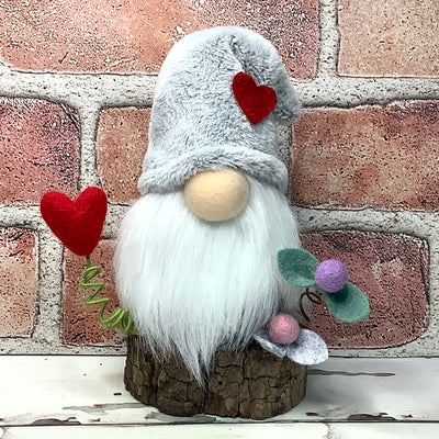 Grey Heart Gnome & Flora on Natural Wood Base