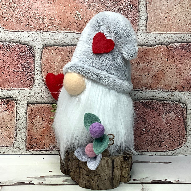 Grey Heart Gnome & Flora on Natural Wood Base