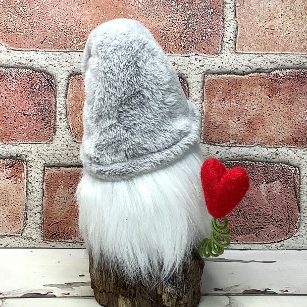 Grey Heart Gnome & Flora on Natural Wood Base