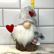 Grey Heart Gnome & Flora on Natural Wood Base