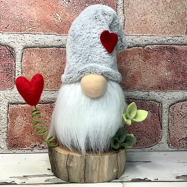 Grey Heart Gnome & Flora on Natural Wood Base