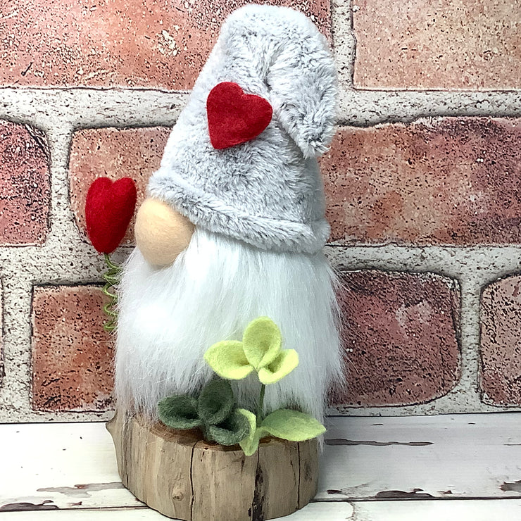 Grey Heart Gnome & Flora on Natural Wood Base