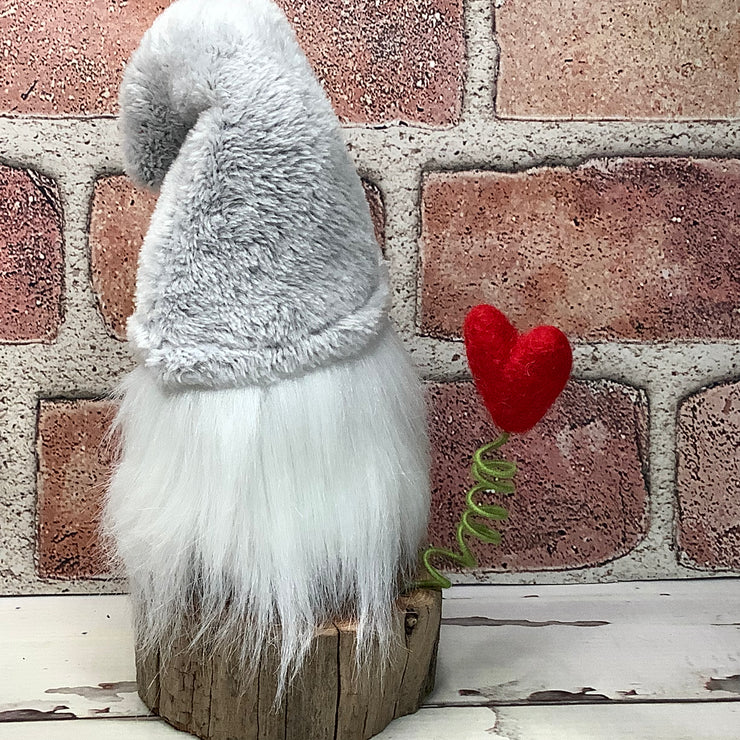 Grey Heart Gnome & Flora on Natural Wood Base