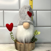 Grey Heart Gnome & Flora on Natural Wood Base