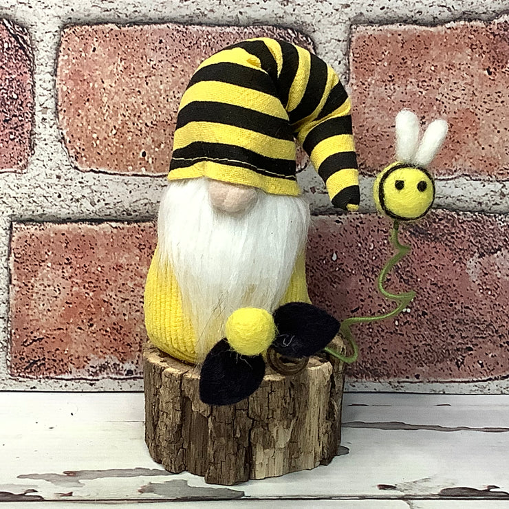 Mini Yellow & Black Stripe Gnome, Bee & Flora on Natural Wood Base