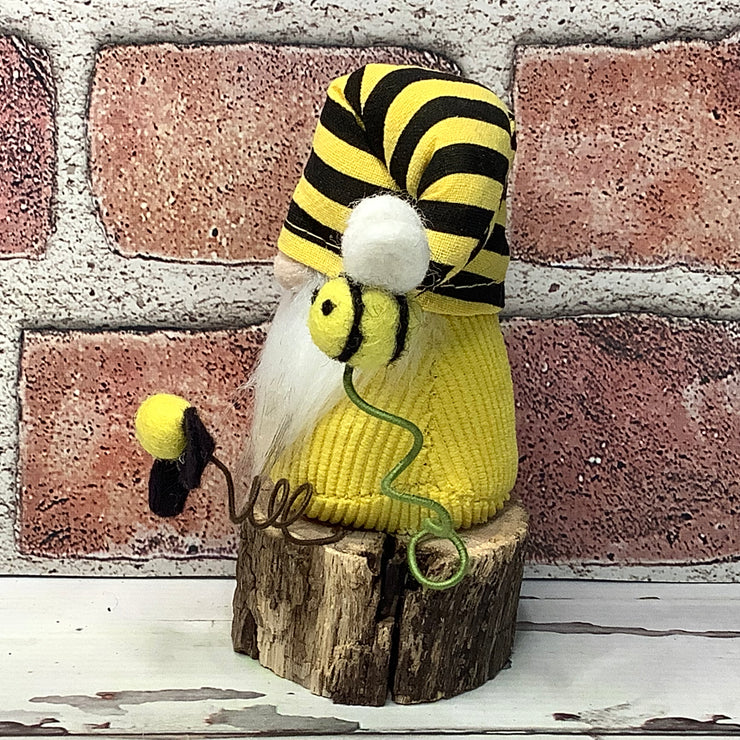 Mini Yellow & Black Stripe Gnome, Bee & Flora on Natural Wood Base