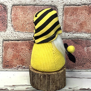Mini Yellow & Black Stripe Gnome, Bee & Flora on Natural Wood Base