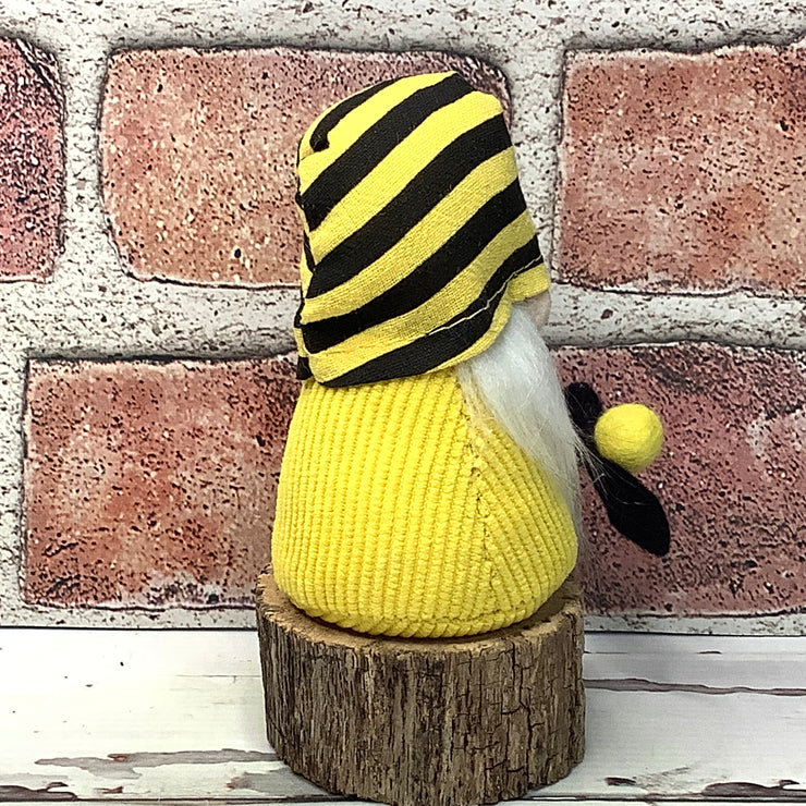 Mini Yellow & Black Stripe Gnome, Bee & Flora on Natural Wood Base