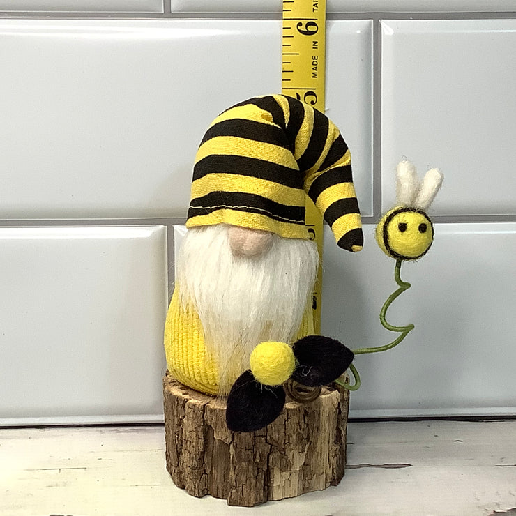 Mini Yellow & Black Stripe Gnome, Bee & Flora on Natural Wood Base