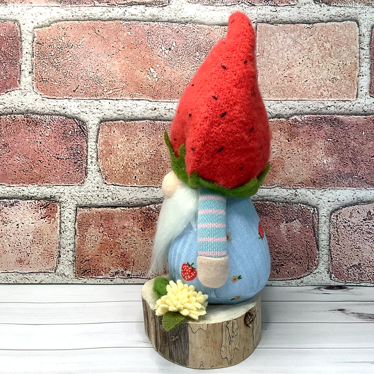 Strawberry Hat Gnome Boy & Flora on Natural Wood Base