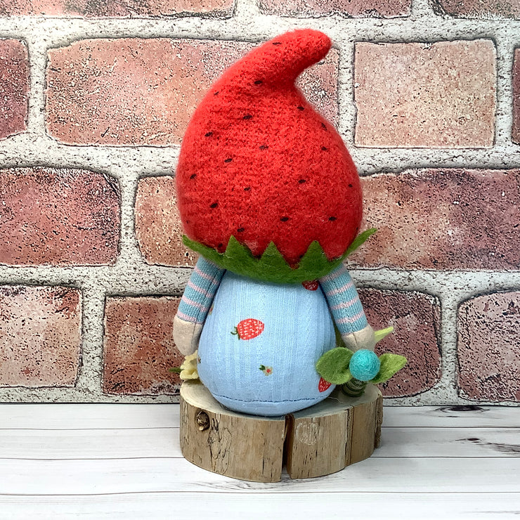 Strawberry Hat Gnome Boy & Flora on Natural Wood Base