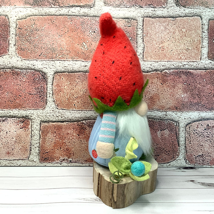 Strawberry Hat Gnome Boy & Flora on Natural Wood Base
