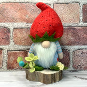 Strawberry Hat Gnome Boy & Flora on Natural Wood Base