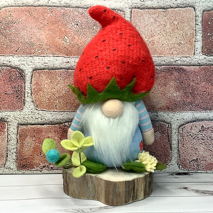 Strawberry Hat Gnome Boy & Flora on Natural Wood Base