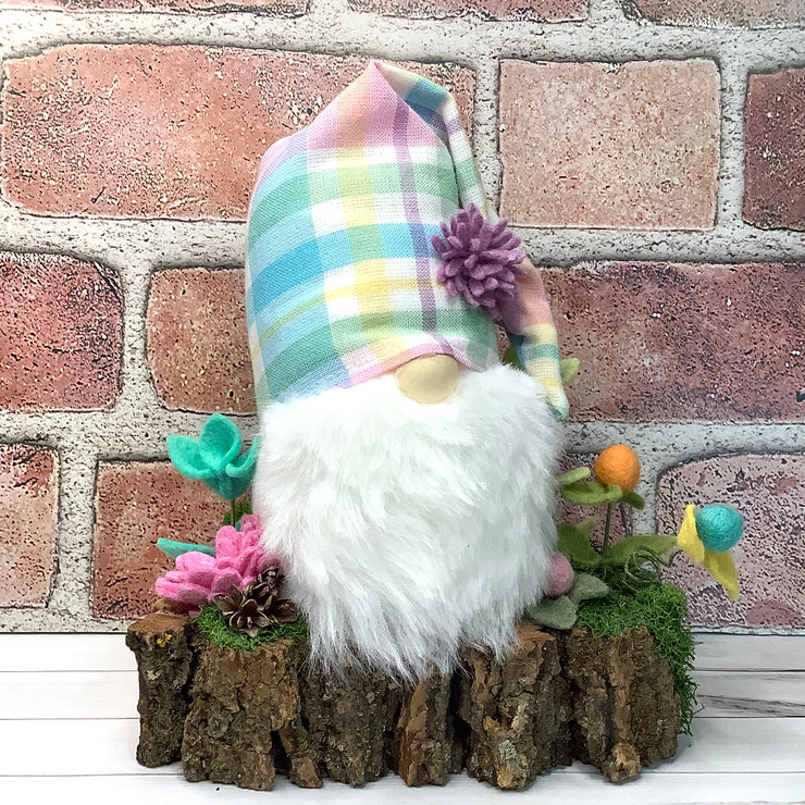 Pastel Plaid Gnome & Flora on Natural Wood Base