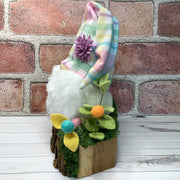 Pastel Plaid Gnome & Flora on Natural Wood Base