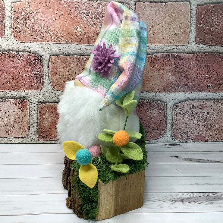 Pastel Plaid Gnome & Flora on Natural Wood Base