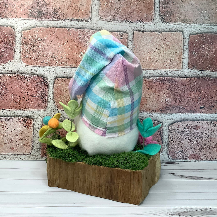 Pastel Plaid Gnome & Flora on Natural Wood Base