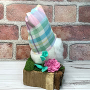 Pastel Plaid Gnome & Flora on Natural Wood Base