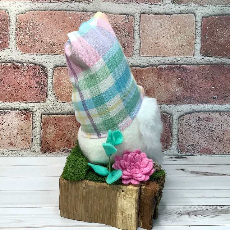 Pastel Plaid Gnome & Flora on Natural Wood Base