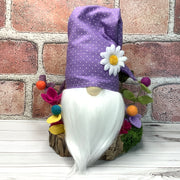 Lavender Daisy Gnome & Flora on Natural Wood Base