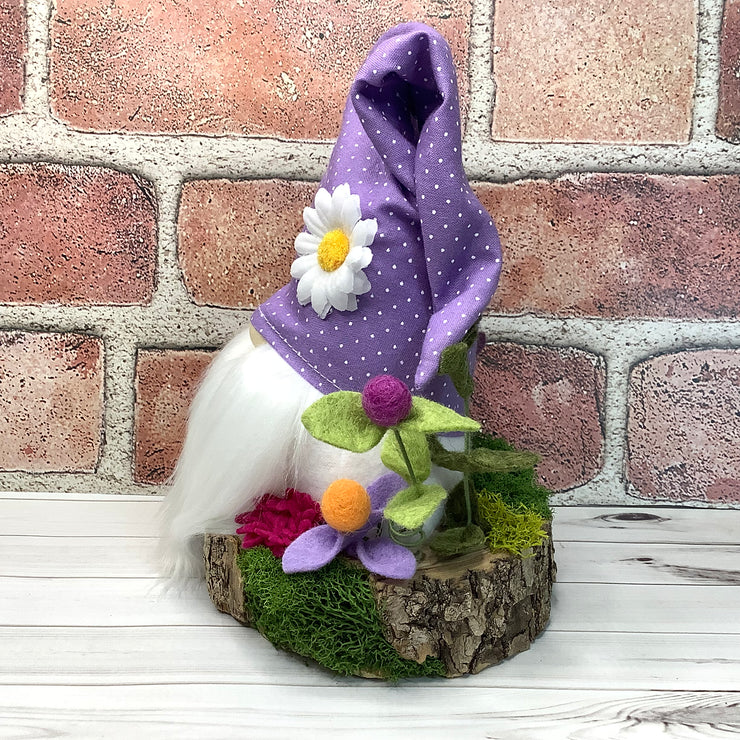 Lavender Daisy Gnome & Flora on Natural Wood Base