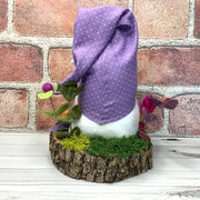 Lavender Daisy Gnome & Flora on Natural Wood Base