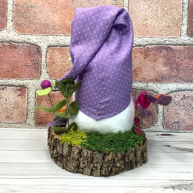 Lavender Daisy Gnome & Flora on Natural Wood Base