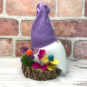 Lavender Daisy Gnome & Flora on Natural Wood Base