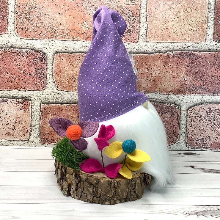 Lavender Daisy Gnome & Flora on Natural Wood Base