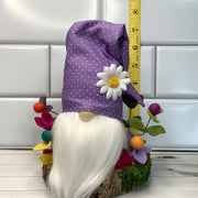 Lavender Daisy Gnome & Flora on Natural Wood Base