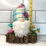 Pastel Plaid Gnome & Flora on Natural Wood Base