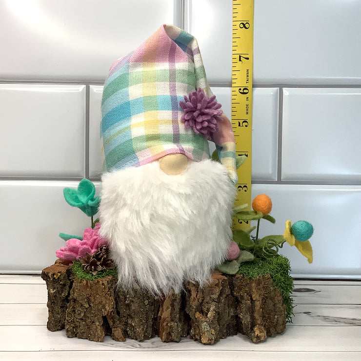 Pastel Plaid Gnome & Flora on Natural Wood Base