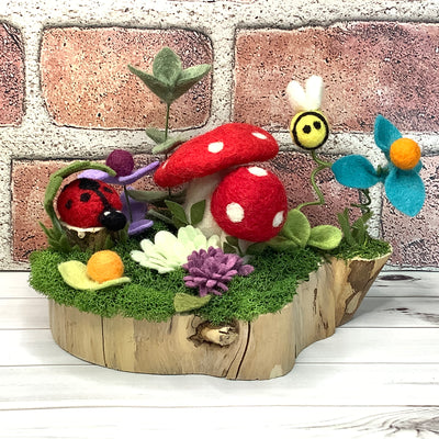 2 Red Wooly Mushrooms, LadyBug, Bee & Flora on Natural Wood Base