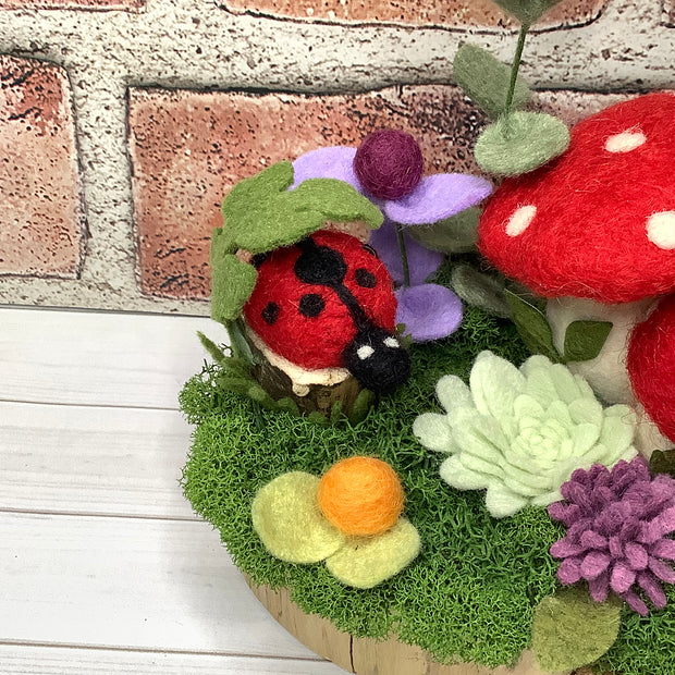 2 Red Wooly Mushrooms, LadyBug, Bee & Flora on Natural Wood Base