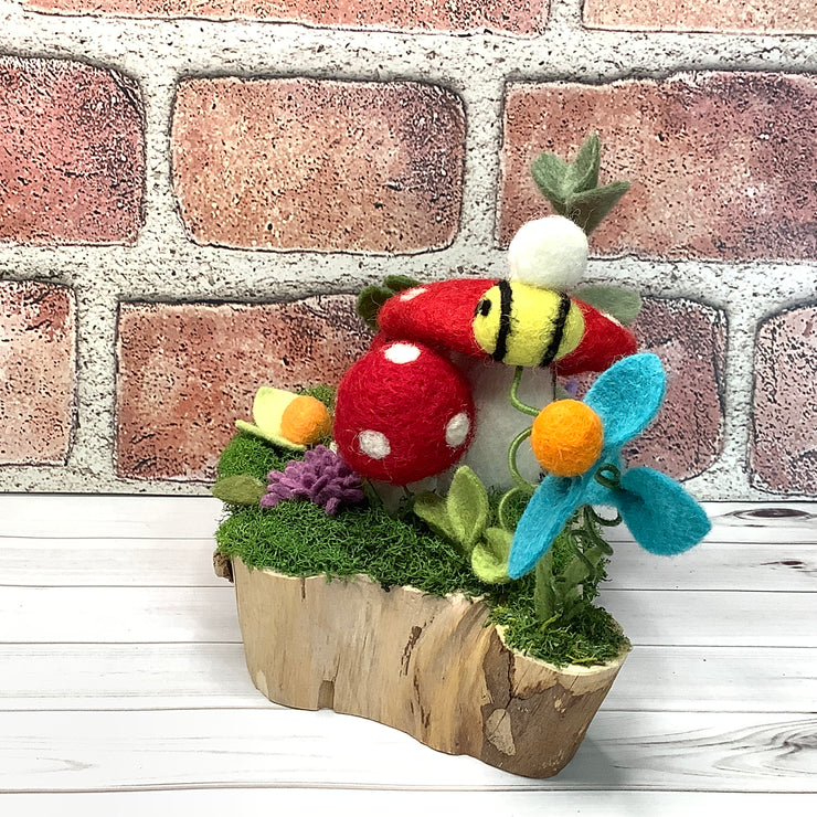 2 Red Wooly Mushrooms, LadyBug, Bee & Flora on Natural Wood Base